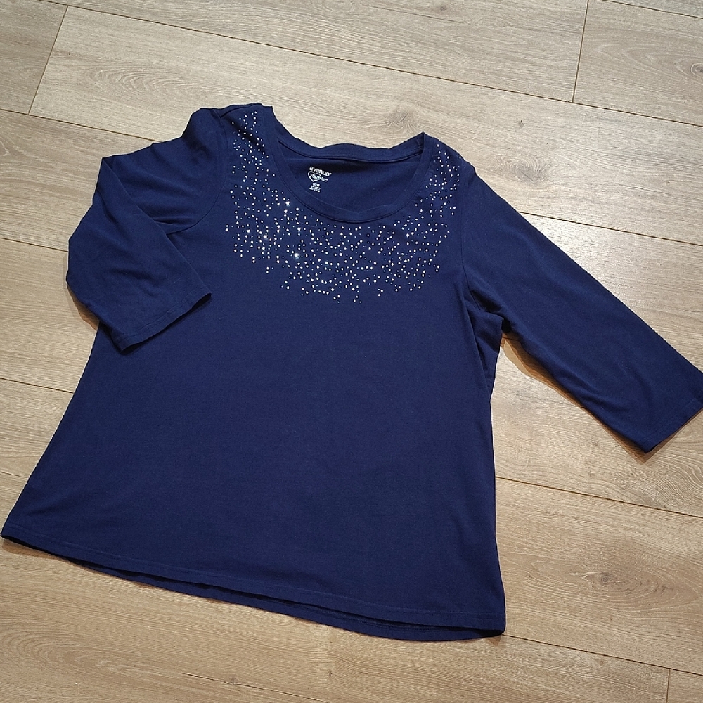 Women’s Navy Blue Embellished Scoop Neck Top,  Ladies Plus Size Tee,  14/16